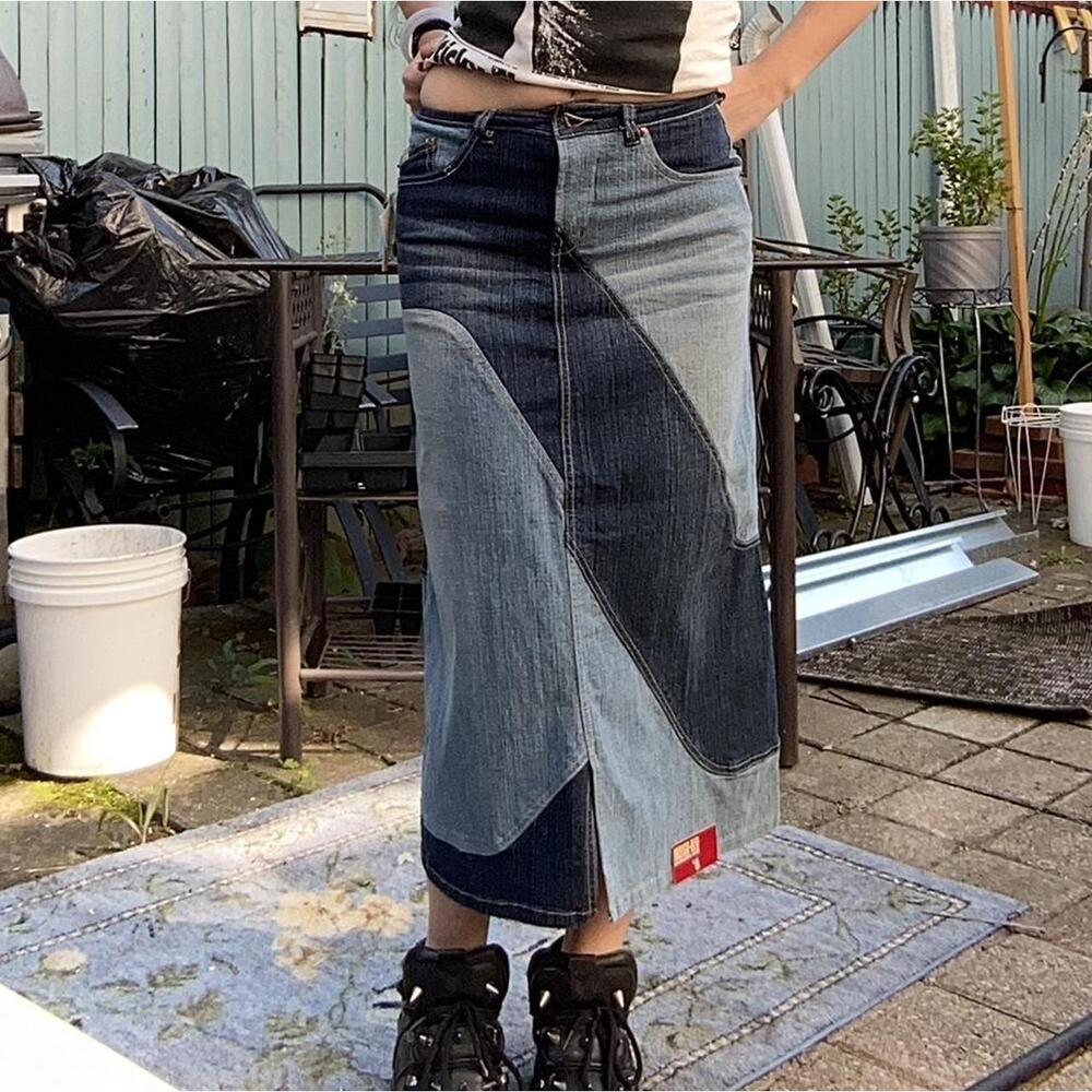 The coolest patchwork denim maxi skirt